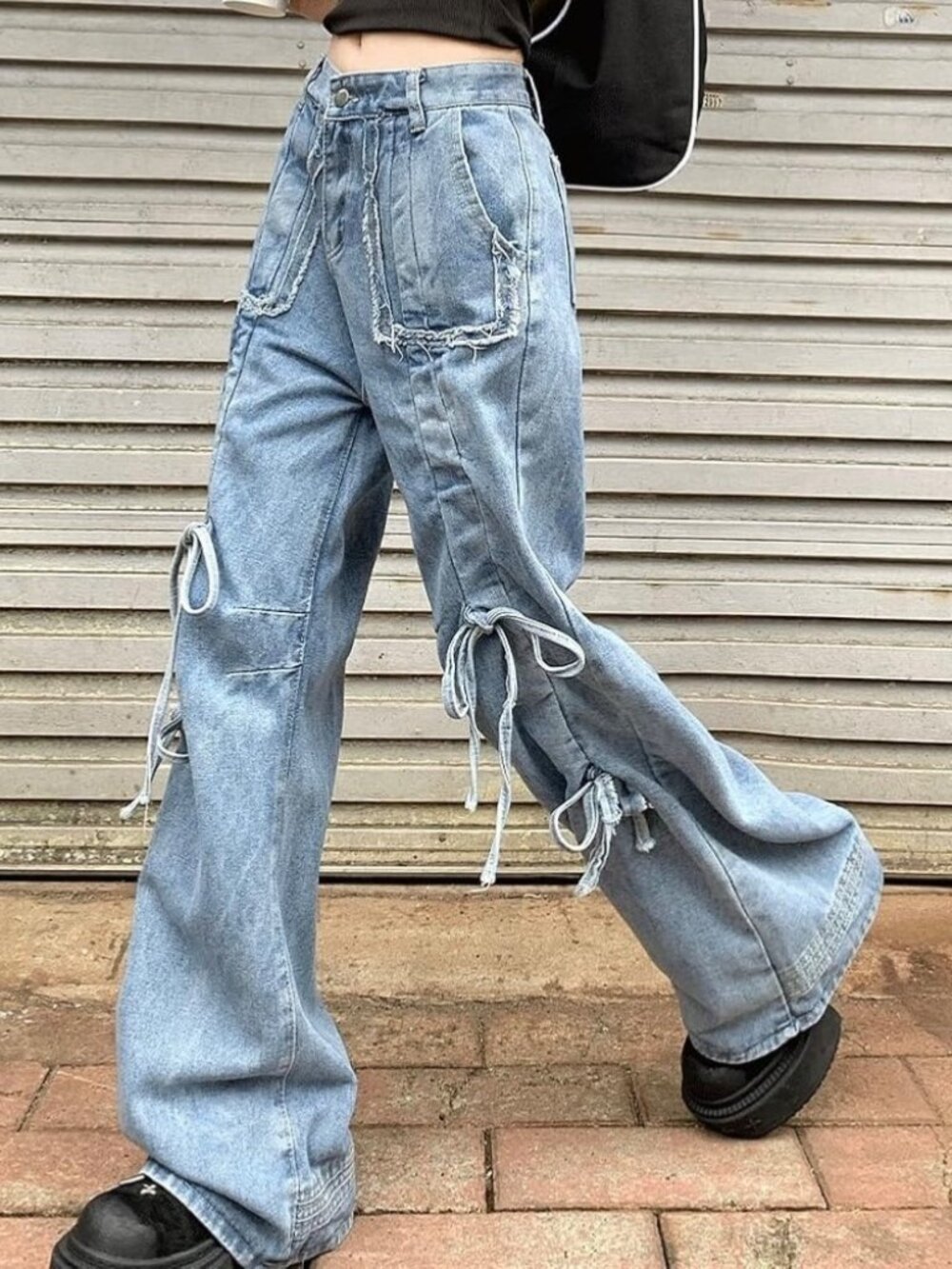Aelfric Eden Cinched Bow Jeans Size 30 Baggy Wide Leg Streetwear Cyber Grunge